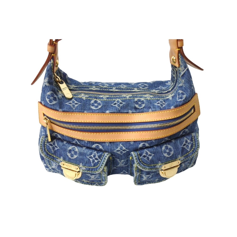 Louis Vuitton Denim Blue Bag Natural Shoulder Leather Monogram Baggy Gold